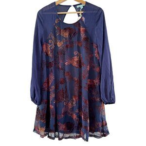 She + Sky Silk‎ Navy Blue Copper Velvet Burnout Button Keyhole Peasant Tunic Top